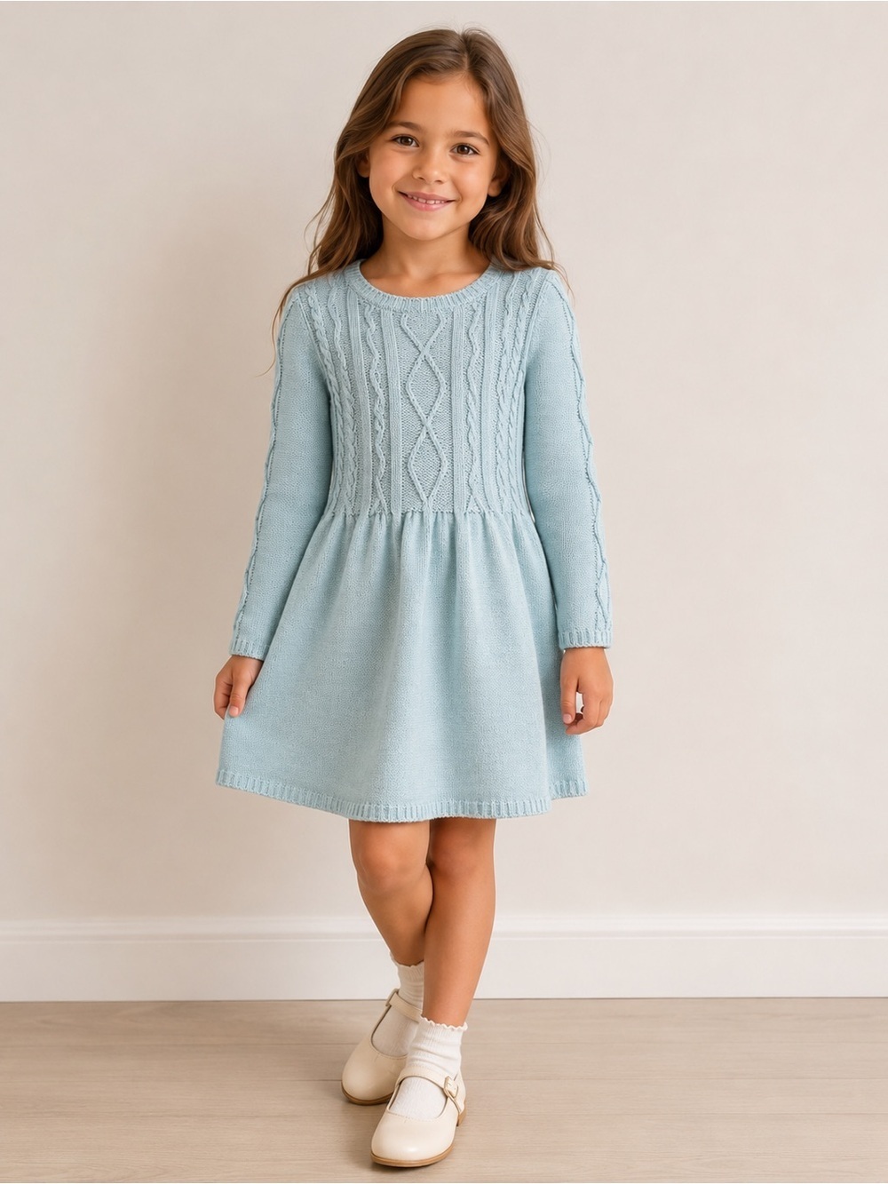 Nannette Girls Knit Dress Light Blue Cable Knit Sparkle Long Sleeve Size 6